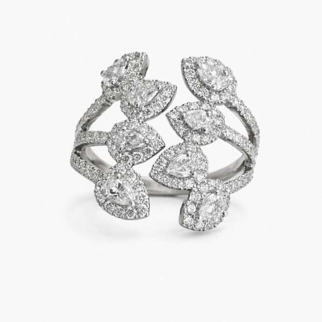 18k White Gold Ring With Natural Pear And Round Cut Diamonds By Niloofar Jewellery