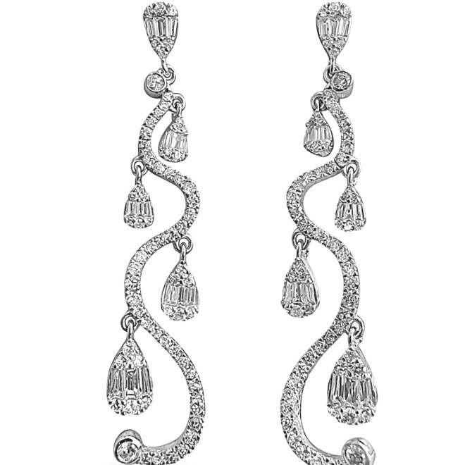 Wavy Diamond Drop Earrings In 18K White Gold With Natural Belgian Cut Diamonds By Niloofar Jewellery