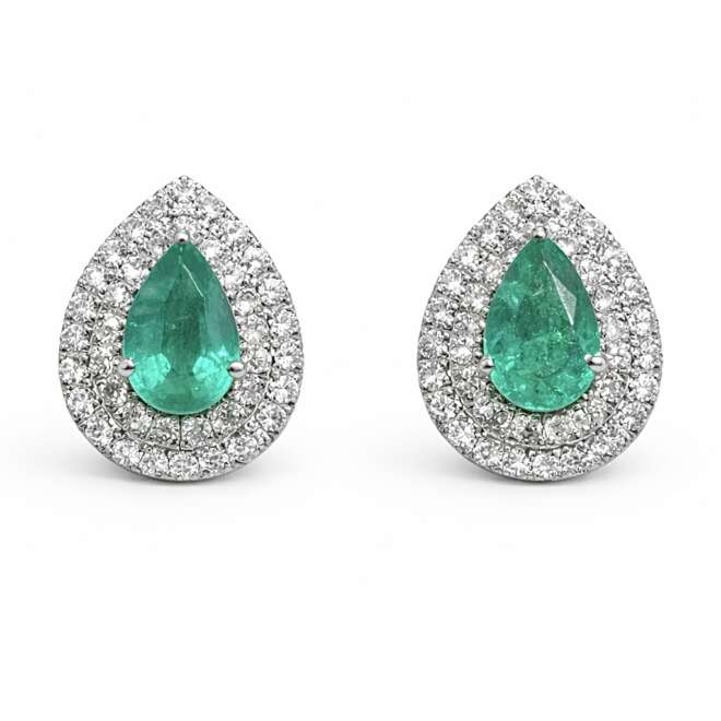 Pear Shape Zambian Emerald Earrings With Natural Belgian Diamonds Set In 18K White Gold On A Clean White Background