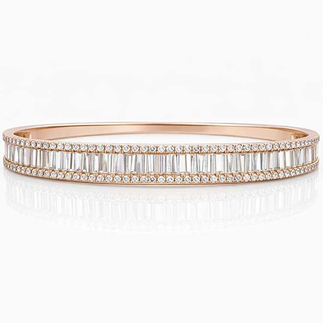 Luxury Natural Belgian Diamond Bangle Bracelet In 18K Rose Gold With Baguette And Round Cut By Niloofar Jewellery