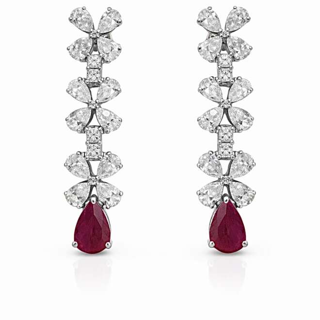 Luxury Diamond And Sri Lankan Ruby Drop Earrings In 18K White Gold By Niloofar Jewellery