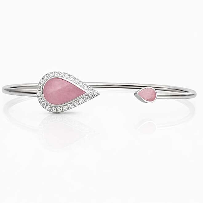 Luxury Natural Rhodonite And Diamond Open Bangle Bracelet In 18K White Gold By Niloofar Jewellery