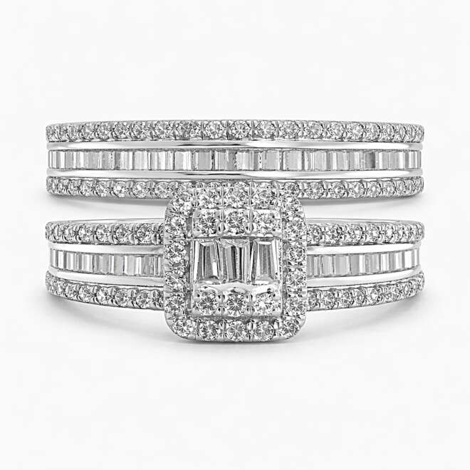 This Elegant Luxury Diamond Ring Is Luxury 18K White Gold Natural Diamond Twin Engagement Ring Set With Brilliant And Baguette Cut Belgian Diamonds By Niloofar Jewellery Dubai